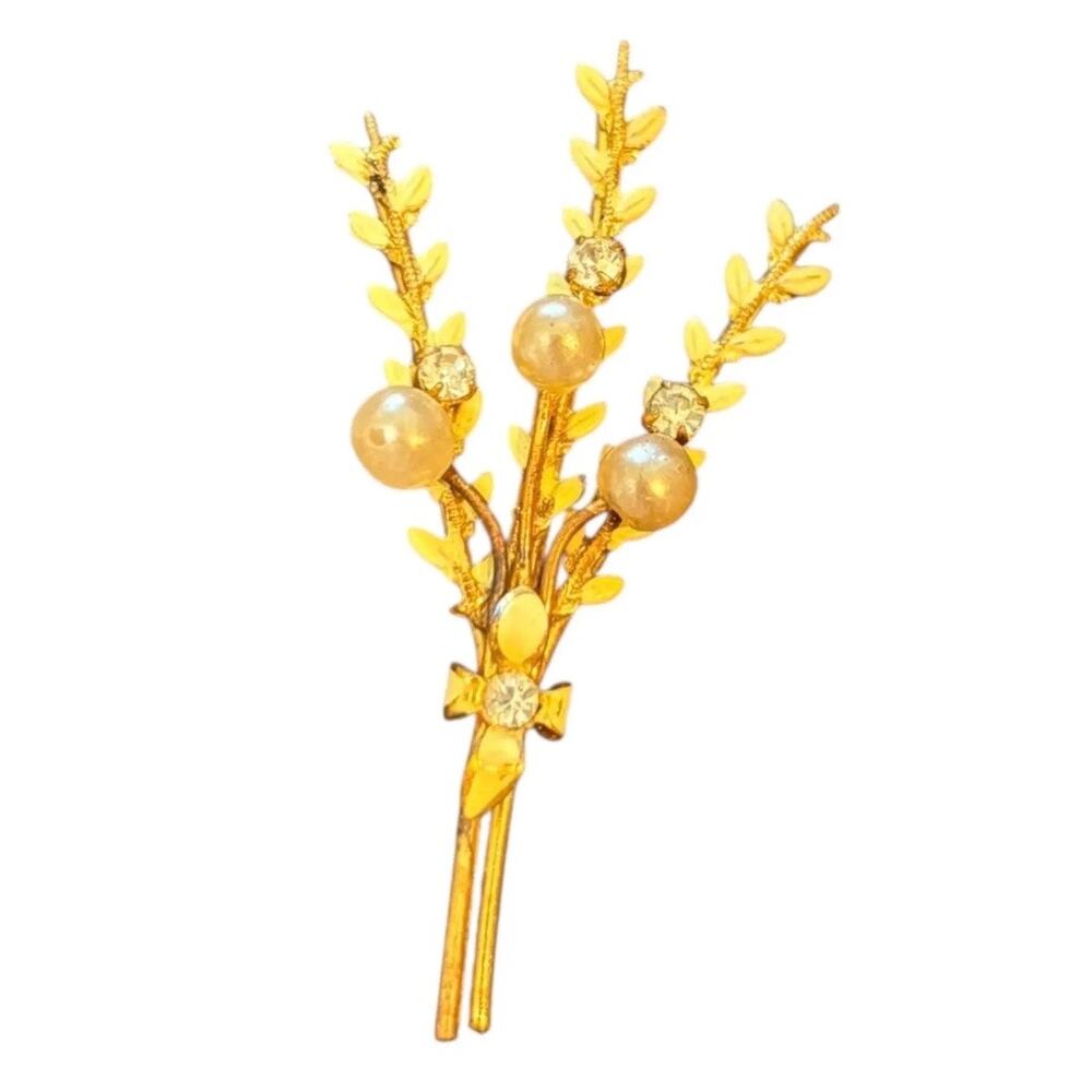 Vintage Made in Austria Gold Tone Floral Spray Brooch Faux Pearl Rhinestone Pin
